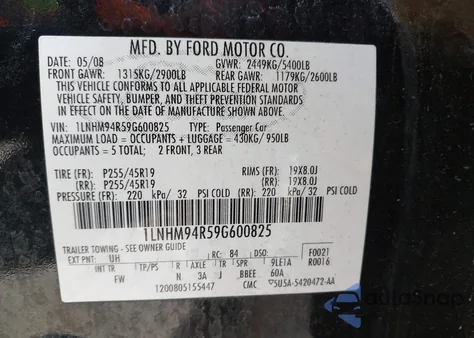 2009 Lincoln Mks z USA, uszkodzony, nr VIN 1LNHM94R59G600825